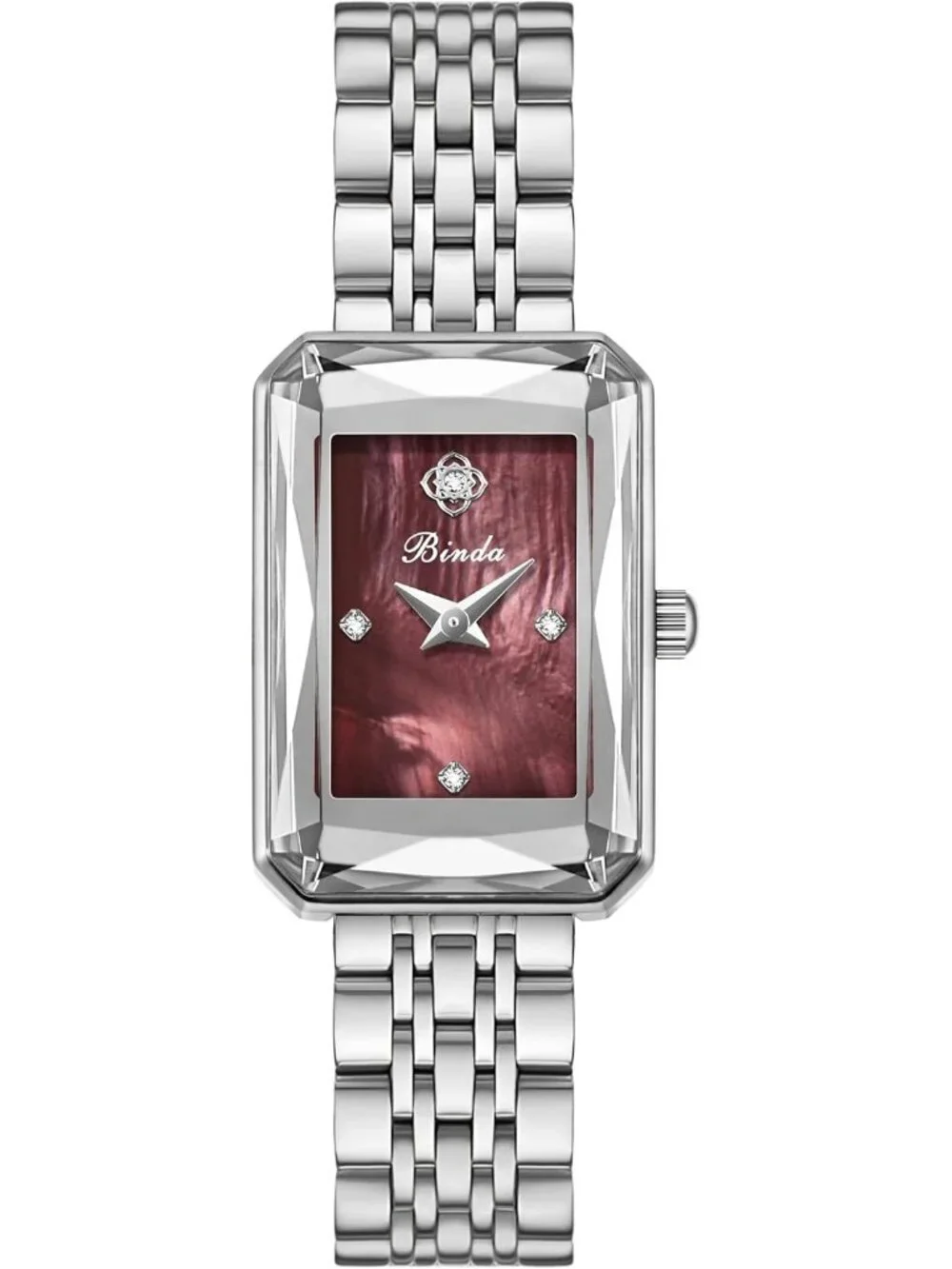 Women's Silver Burgundy Vintage Rectangular Case Stainless Steel Band Wristwatch